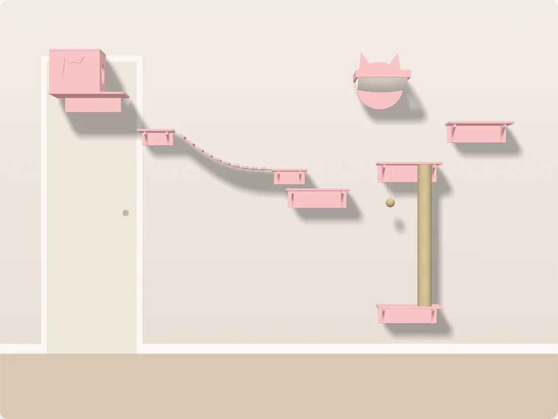 Simulador Catsitas: Paquete 3 en color rosa acomodado sobre una pared con puerta